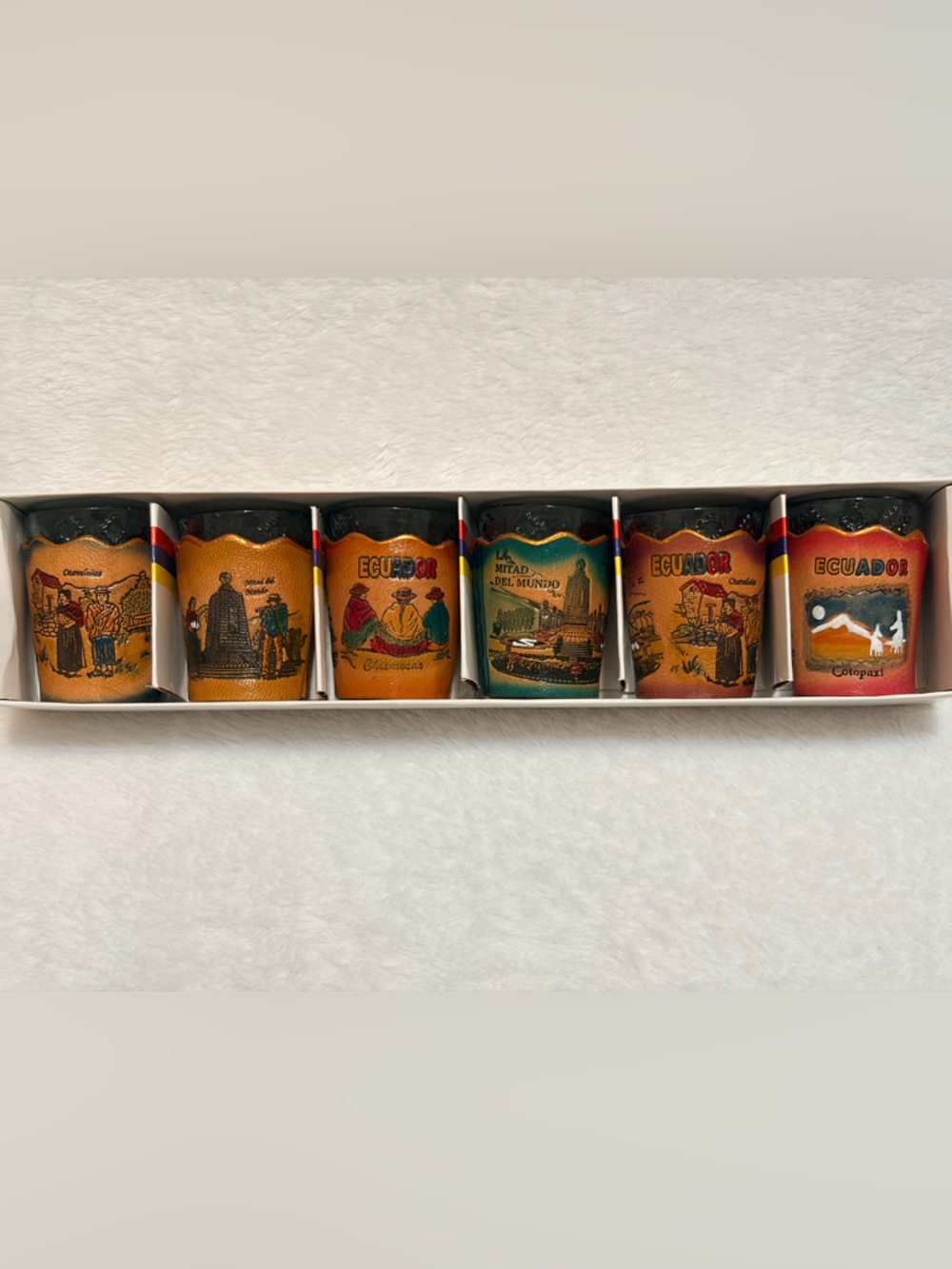 Hand-Painted Leather-Sleeved Souvenir Shot Glass Set of 6